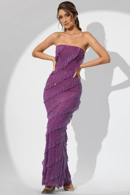 Embellished Strapless Ruffle Maxi Dress in Plum - UK Size:12